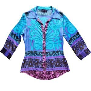 Hale Bob silk button down shirt aqua and purple 3/4 sleeve size XS
